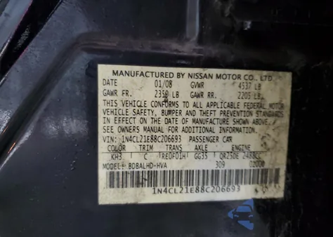 2008 Nissan Altima Hybrid from USA, damaged, VIN 1N4CL21E88C206693
